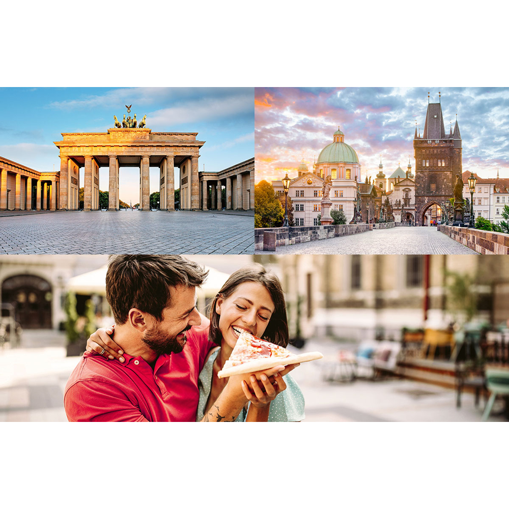 Das Bild zeigt das Brandenburger Tor, eine Brücke mit Gebäuden und ein Paar, das Pizza isst. Gebäude, Himmel und Menschen.