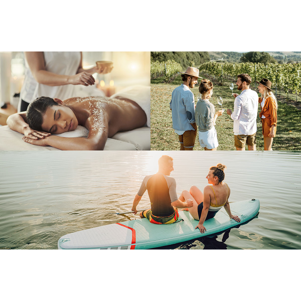 Eine Spa-Massage, Menschen, die Wein genießen, und ein Paar auf einem Paddleboard auf dem Wasser. Alles in verschiedenen Szenen.