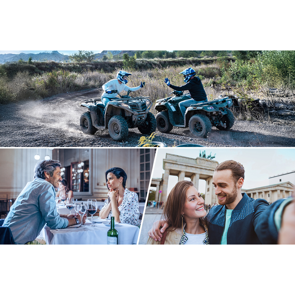 Das Bild zeigt Menschen, die verschiedene Aktivitäten genießen: ATV fahren, in einem Restaurant essen und ein Selfie vor einem Denkmal machen.