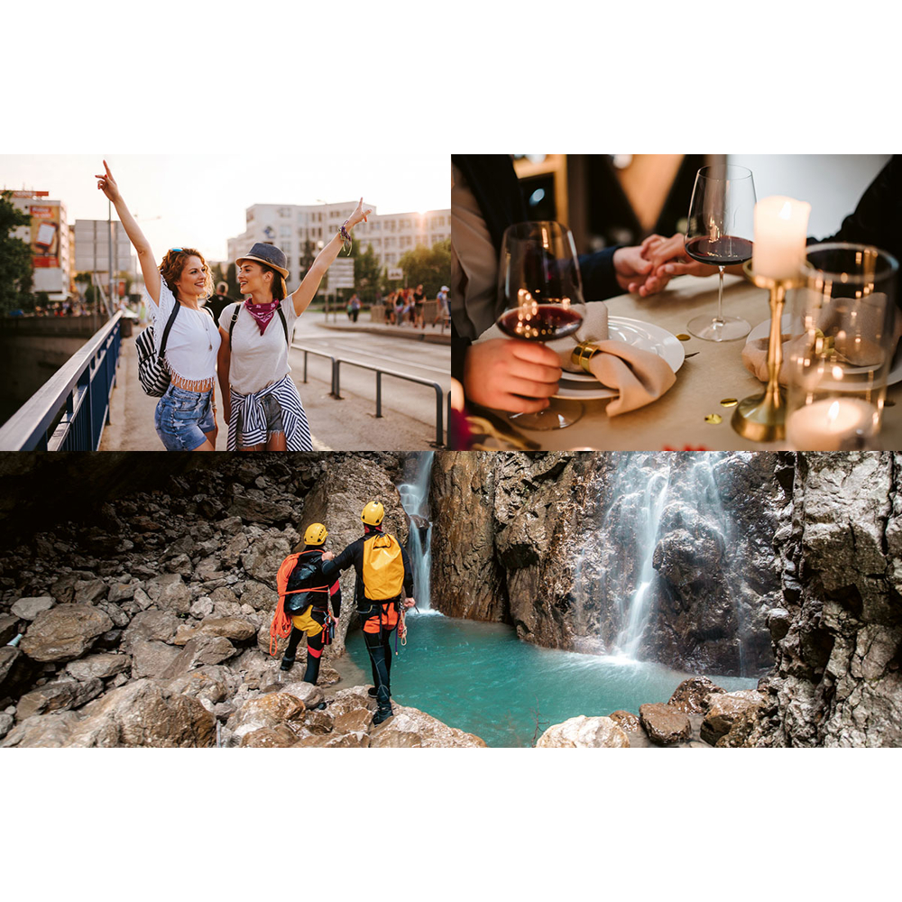Das Bild zeigt drei Szenen: Frauen auf einer Brücke, Händchen haltende Menschen mit Wein und Menschen in der Nähe eines Wasserfalls.