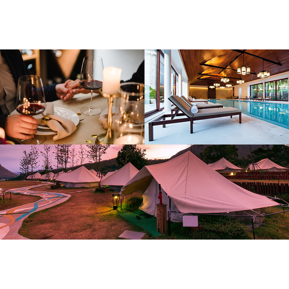 Eine Collage, die ein romantisches Abendessen mit Wein, einen Pool mit Liegestühlen und Glamping-Zelte bei Sonnenuntergang zeigt.