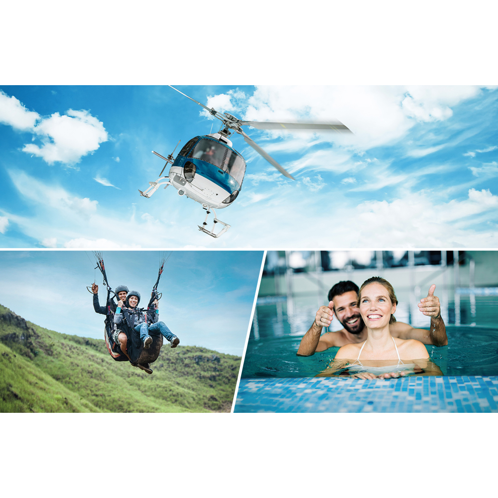 Ein Hubschrauber am Himmel, ein Paar beim Paragliding und ein Paar im Pool, das den Daumen hochhält.