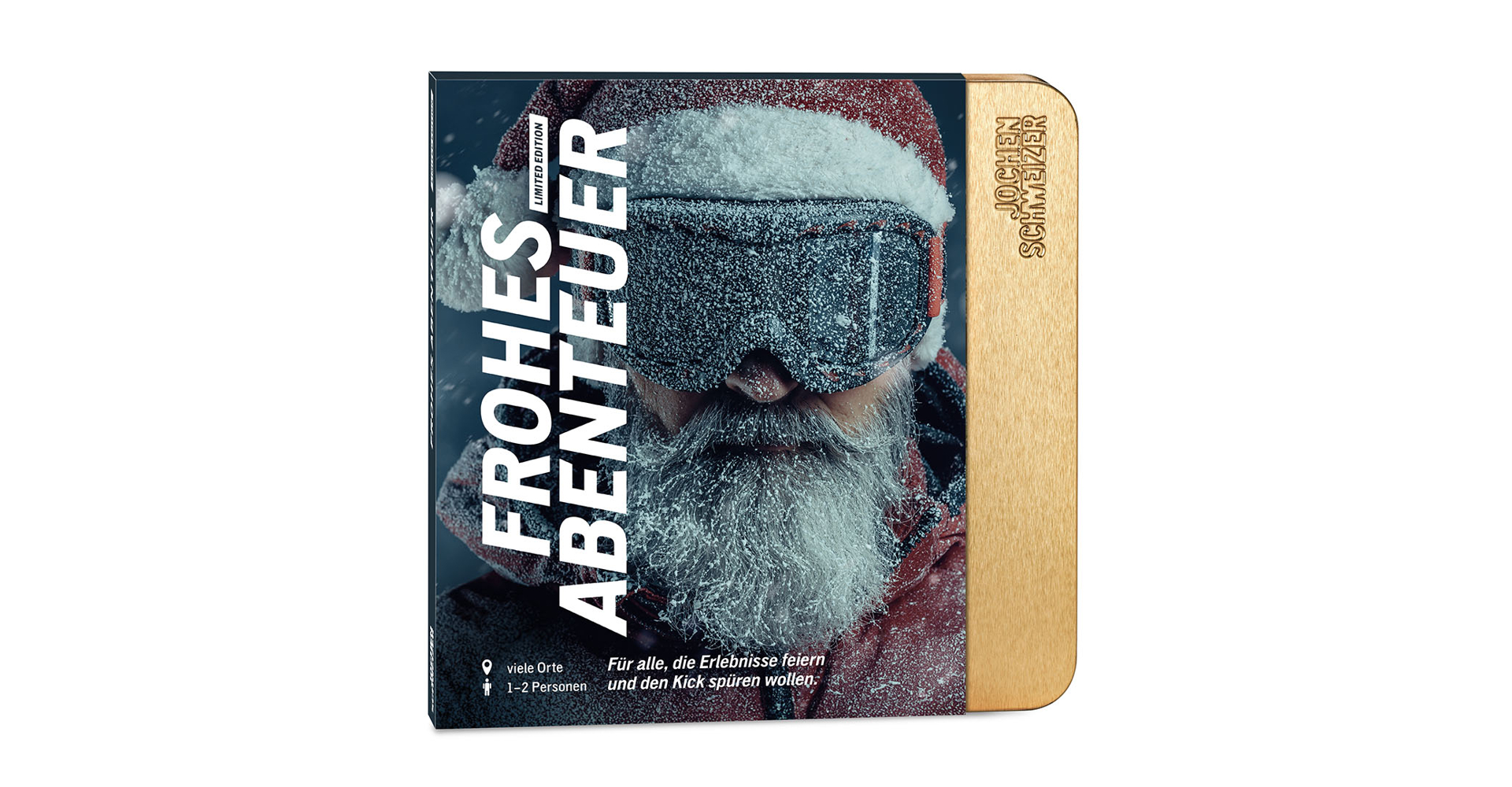 Das Bild ist eine Schachtel mit Santa Claus mit einer Schutzbrille. Text sagt 'Frohes Abenteuer' und 'Limited Edition'. Holzseite.