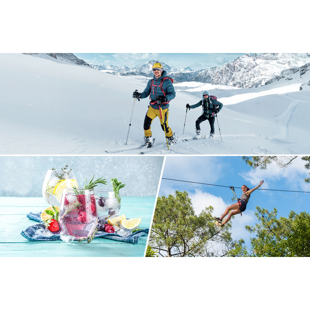 Drei Bilder: Skifahrer im Schnee, Cocktails mit Früchten und eine Frau beim Ziplining. Die Aktivitäten finden bei sonnigem Wetter statt.