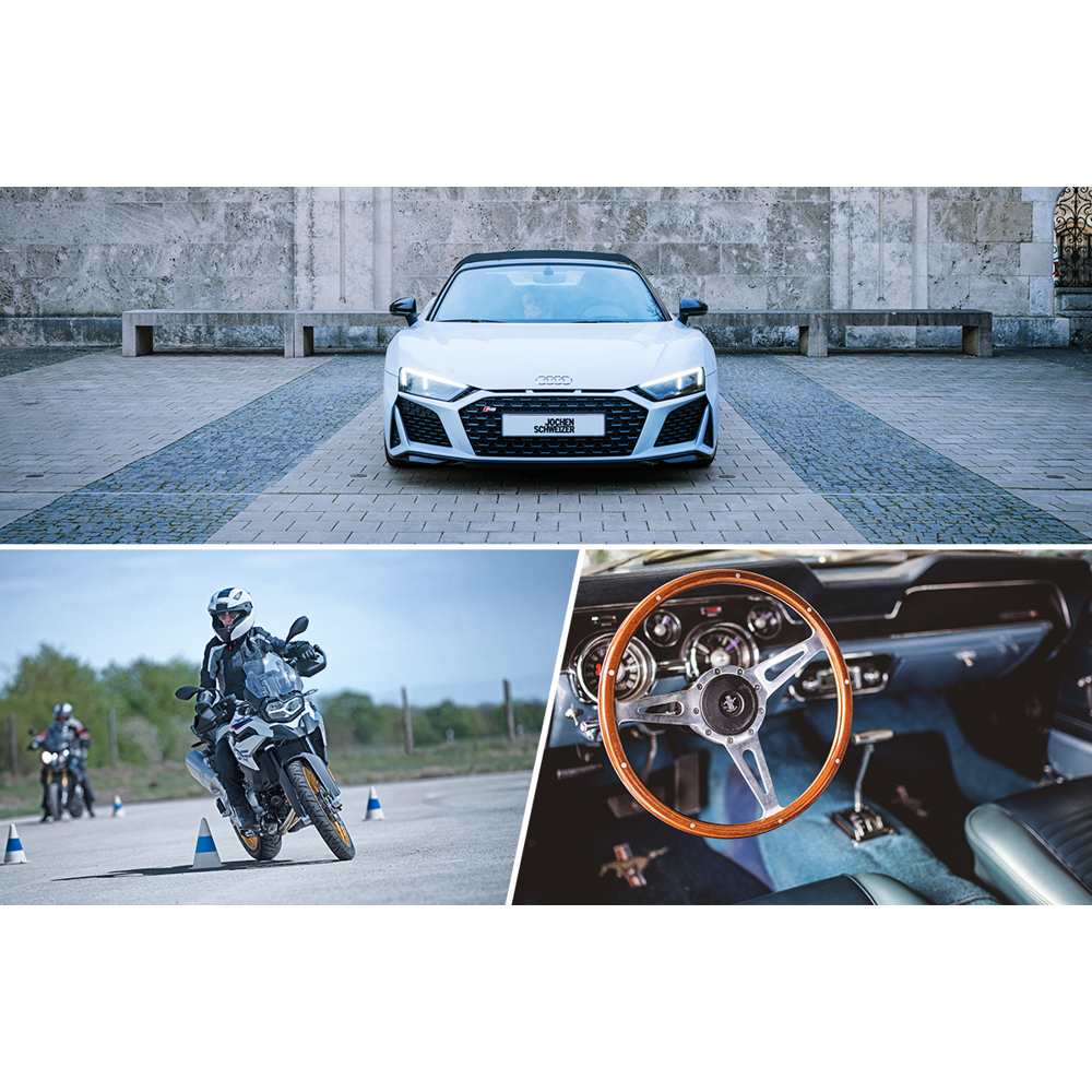 Ein weißer Sportwagen, ein Motorrad in Aktion und das Lenkrad eines klassischen Autos werden in drei separaten Bereichen gezeigt.