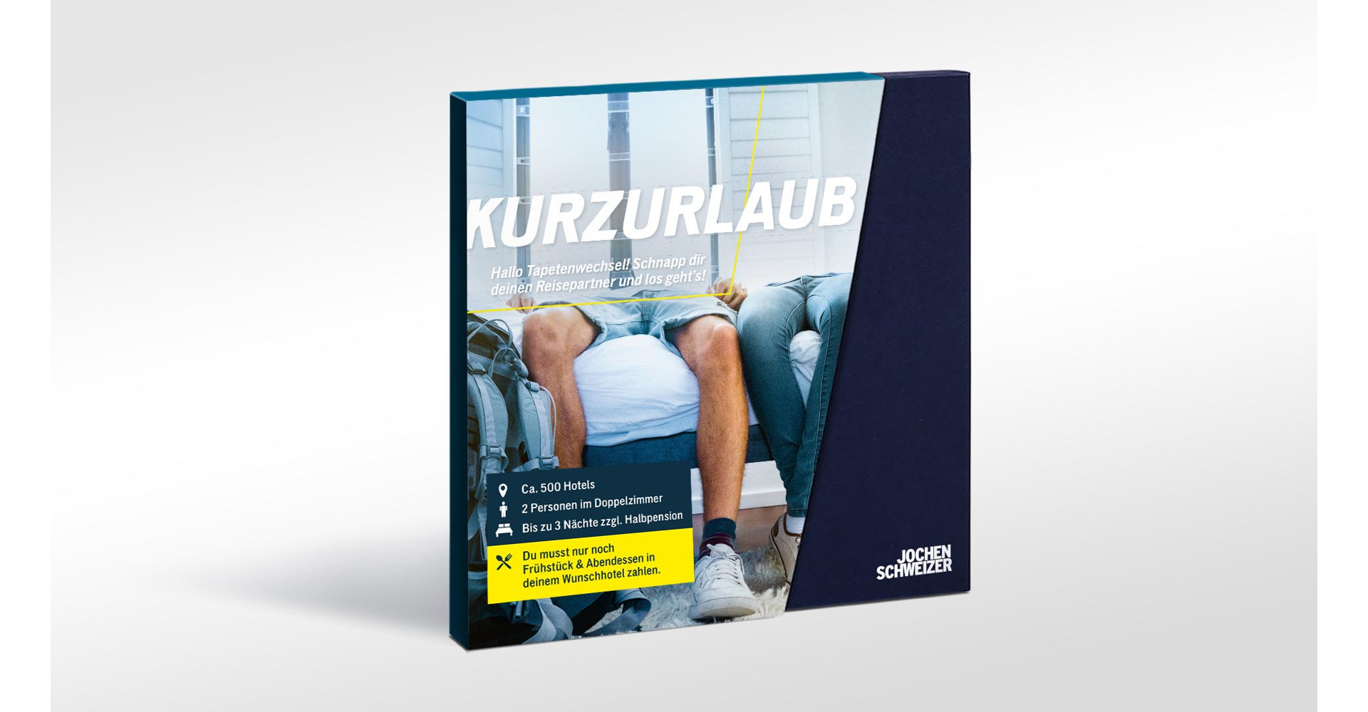 Box mit Text 'Kurzurlaub', Beinen einer Person und Jochen Schweizer Logo. Hotel, Personen, Nächte und Halbpension.