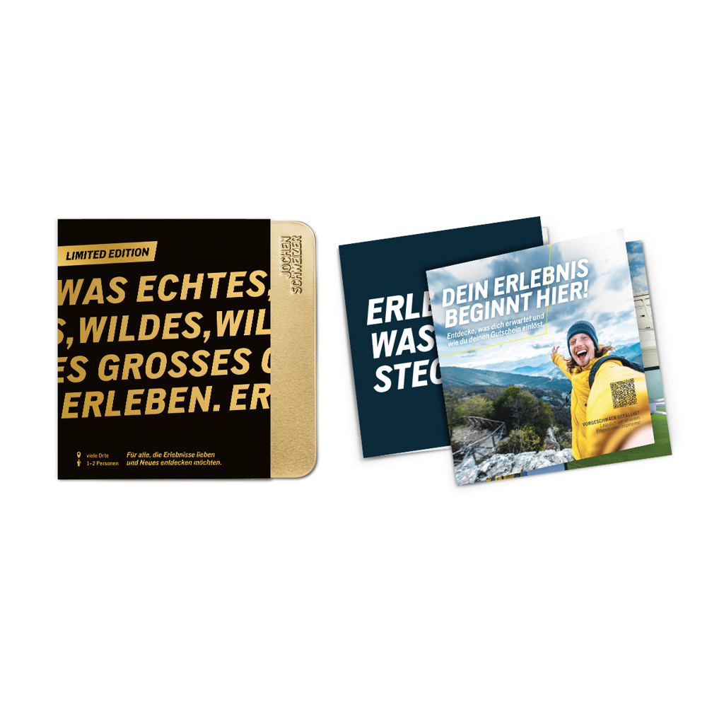 Werbeanzeigen für Erlebnisse. Eine ist schwarz und goldfarben mit Text. Eine andere zeigt eine Person mit gelber Jacke.