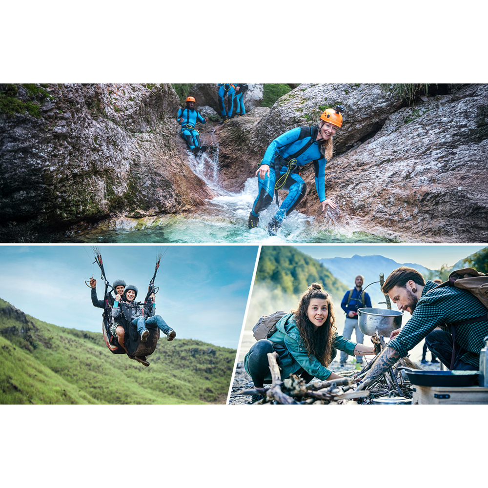 Leute beim Canyoning, Paragliding und Camping. Sie sind in der Natur, einige an einem Wasserfall, andere in der Luft und einige am Feuer.