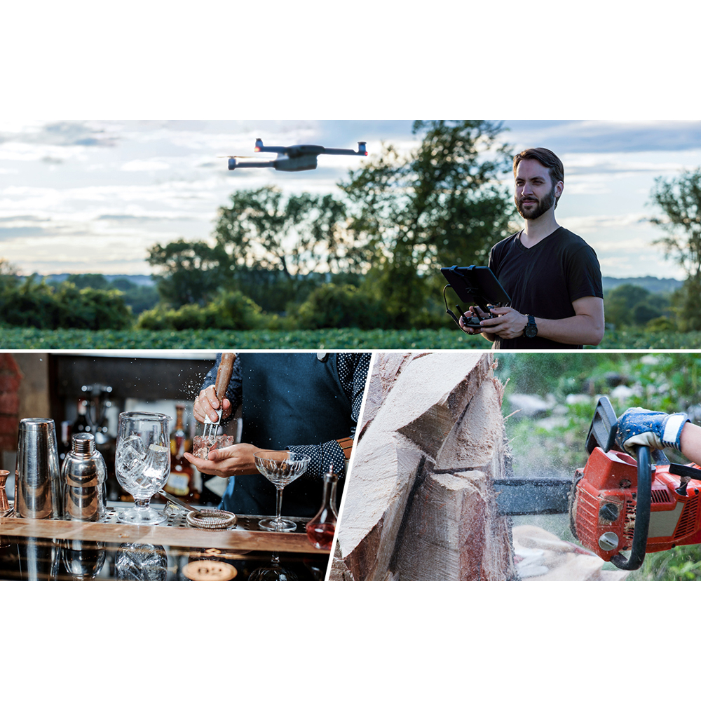 Ein Mann steuert eine Drohne. Darunter mixt ein Barkeeper einen Drink, während eine andere Person Holz sägt.