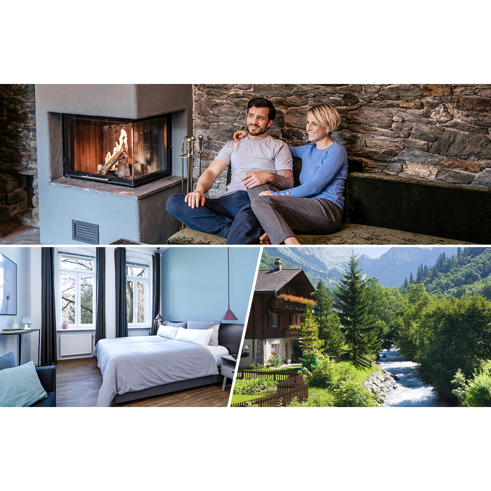 Eine Collage zeigt ein Paar am Kamin, ein Schlafzimmer und ein Haus in der Nähe eines Flusses in den Bergen. Die Bilder sind gut beleuchtet.