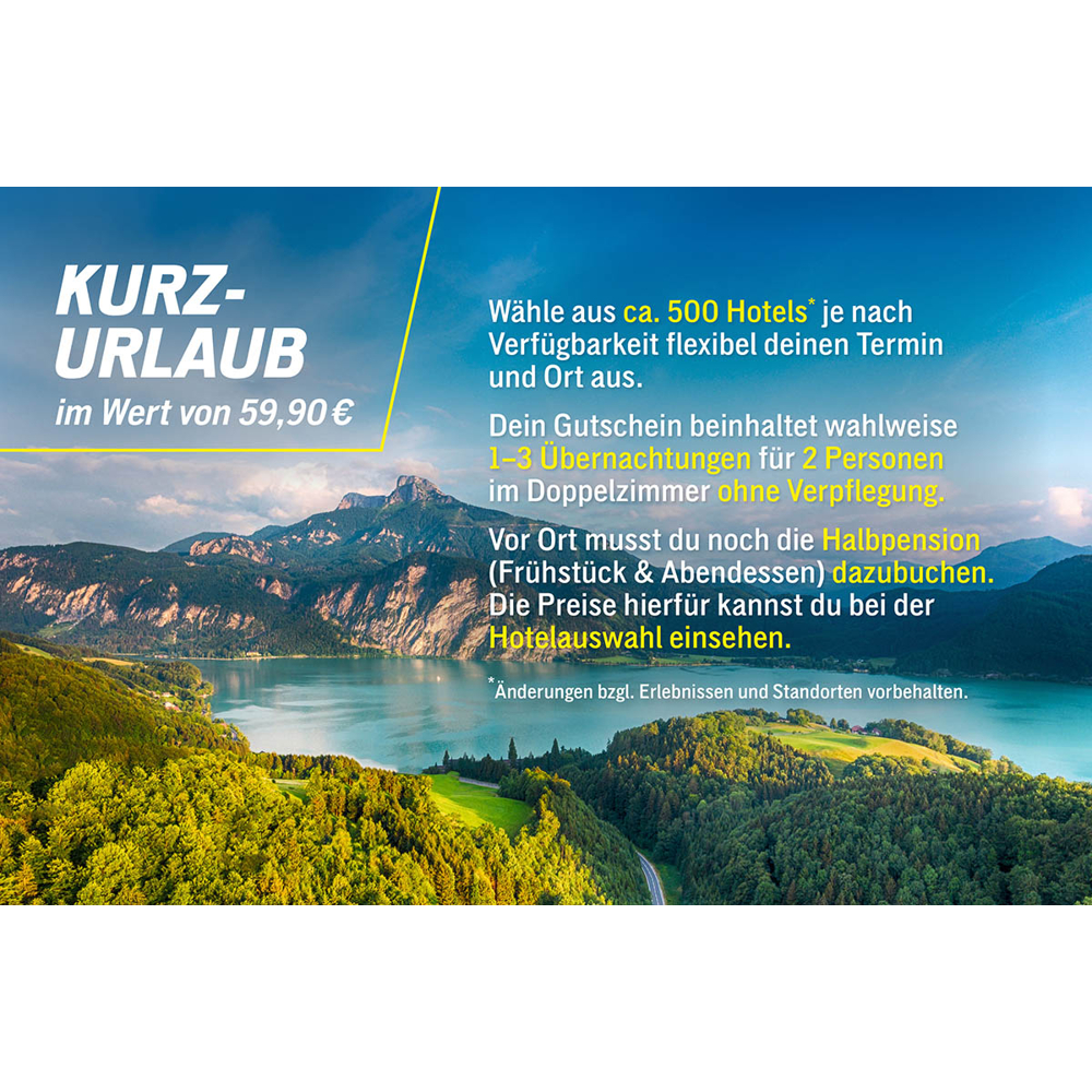 Landschaft mit See und Bergen, Text wirbt für Kurzurlaub für 59,90 Euro.