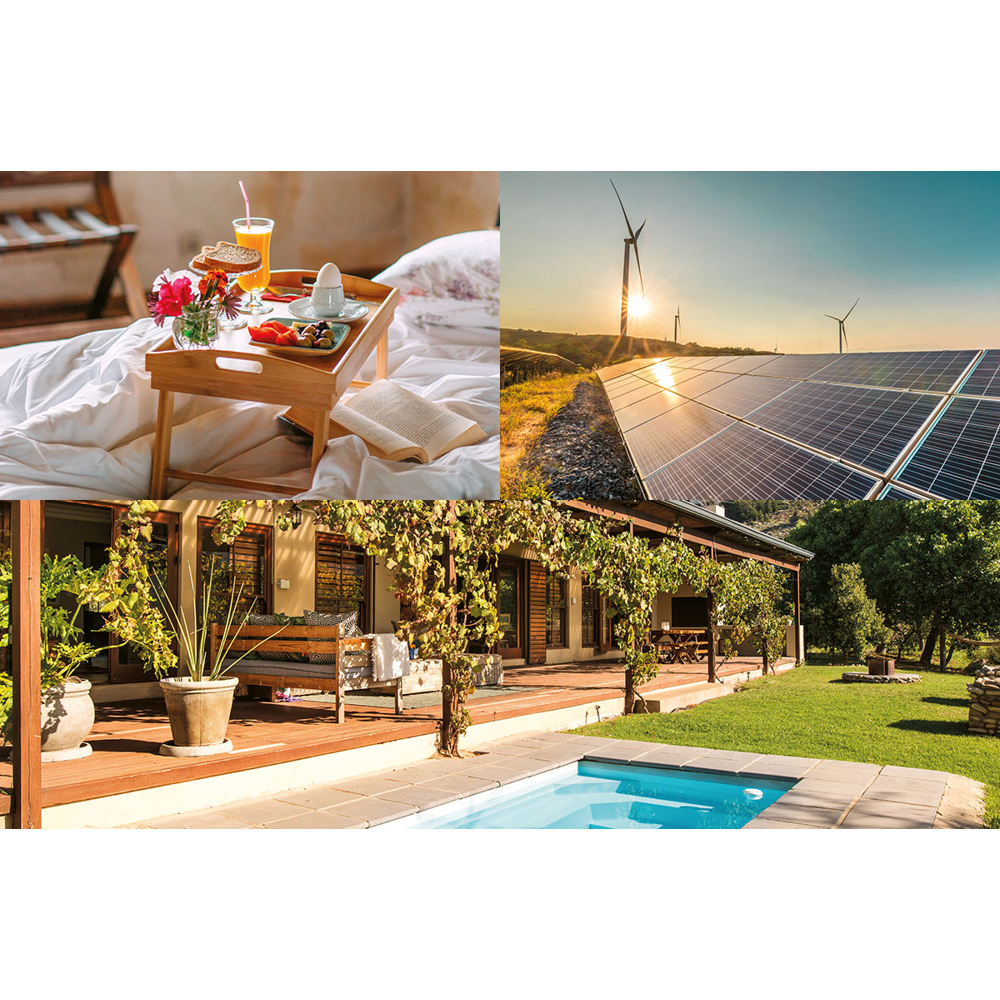 Geteiltes Bild. Oben links: Frühstück im Bett. Oben rechts: Sonnenkollektoren und Windmühlen. Unten: Haus mit Pool.