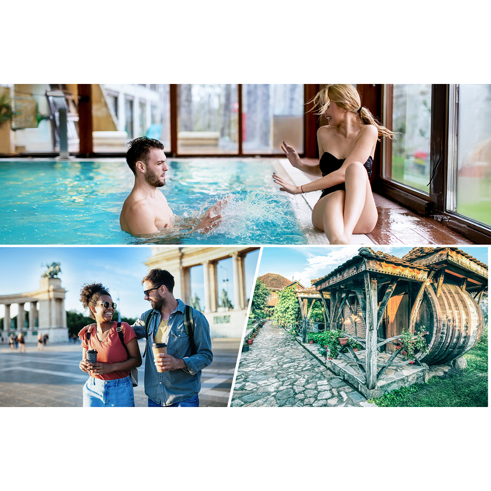 Die Collage zeigt einen Mann im Pool, eine Frau am Fenster, ein Paar mit Kaffee und einen Weg in der Nähe eines Holzgebäudes.