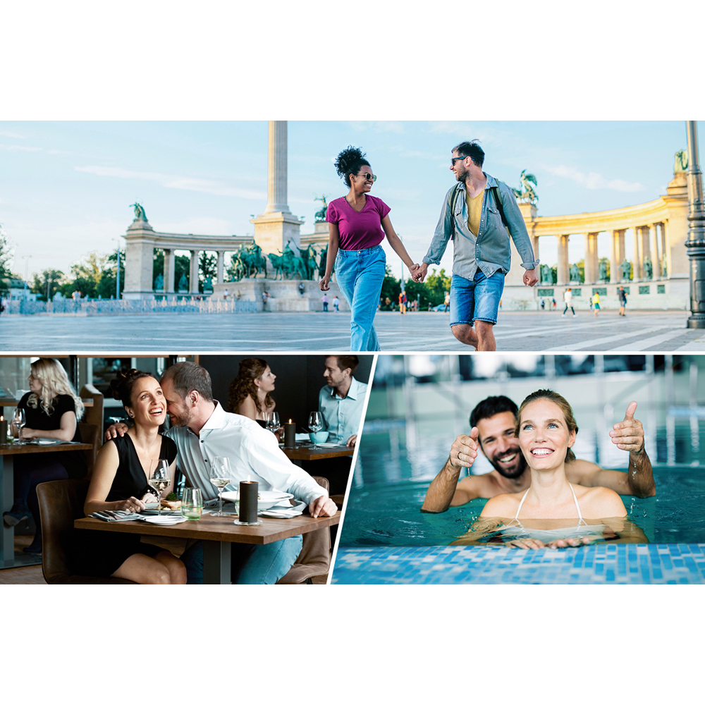 Das Bild zeigt drei Szenen: ein Paar beim Gehen, ein Paar in einem Restaurant und ein Paar in einem Pool. Menschen verliebt dargestellt.