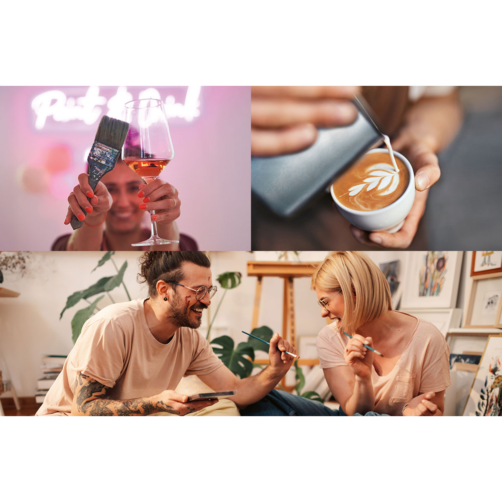 Collage von Menschen, die kreative Aktivitäten genießen: Malen, Latte Art und Wein trinken mit einem Neonschild im Hintergrund.