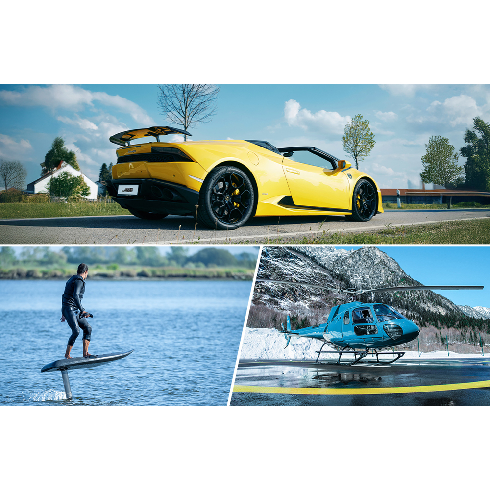 Ein gelber Lamborghini, ein Mann auf einem Foilboard und ein blauer Hubschrauber werden in einer Collage unter blauem Himmel gezeigt.