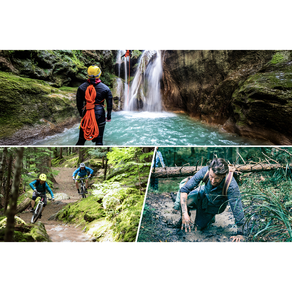 Ein geteiltes Bild zeigt eine Person mit Seil in der Nähe eines Wasserfalls, Biker auf einem Pfad und einen Mann, der durch Schlamm kriecht.