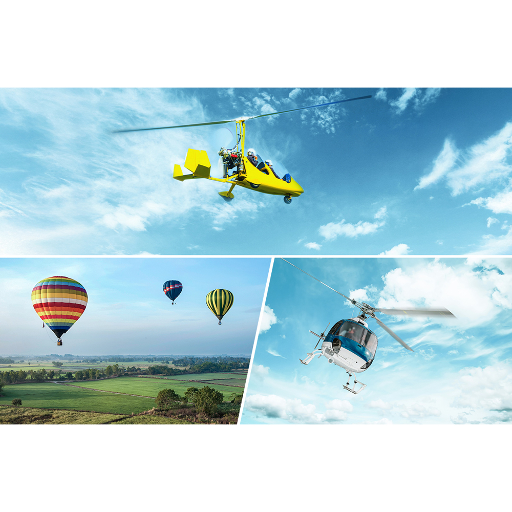 Eine Collage, die einen gelben Tragschrauber, zwei Hubschrauber und drei Heißluftballons vor blauem Himmel zeigt.