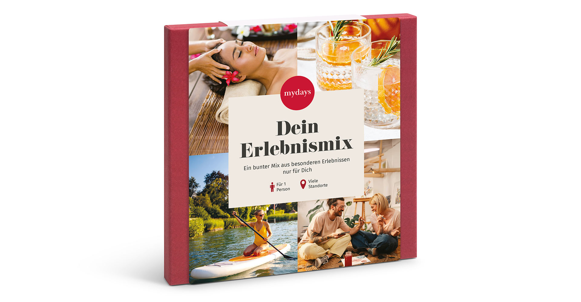 Eine Box mit Bildern von Spa-Behandlungen, Getränken, Stand-Up-Paddling und einem Paar. Text lautet 'Dein Erlebnismix' und 'mydays'.