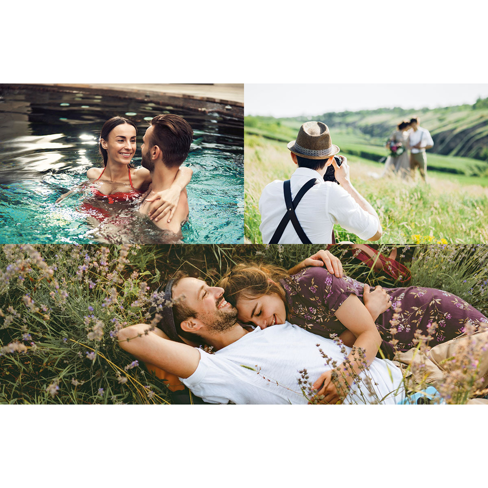 Eine Collage zeigt ein Paar im Wasser, einen Fotografen beim Fotografieren und ein Paar, das sich auf einem Feld entspannt.