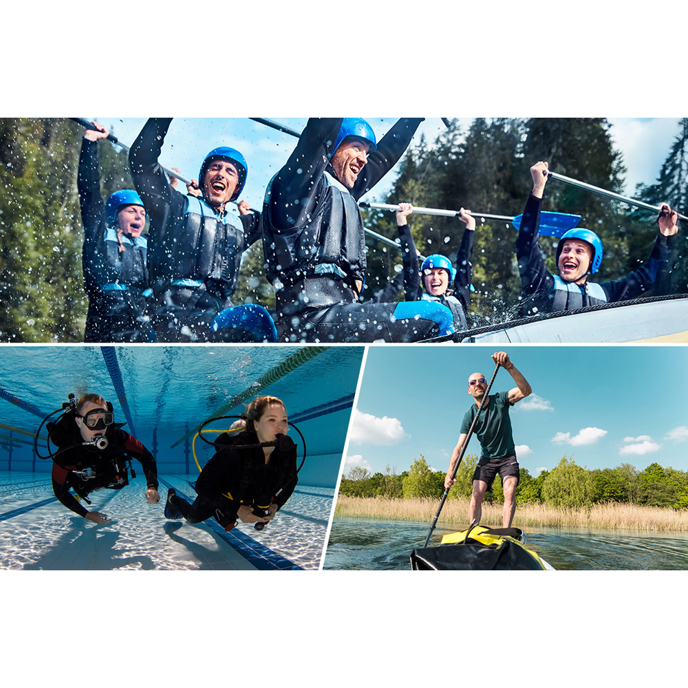 Taucher und Rafting-Leute. Taucher unter Wasser. Ein Mann paddelt auf dem See. Alle genießen Outdoor-Aktivitäten.