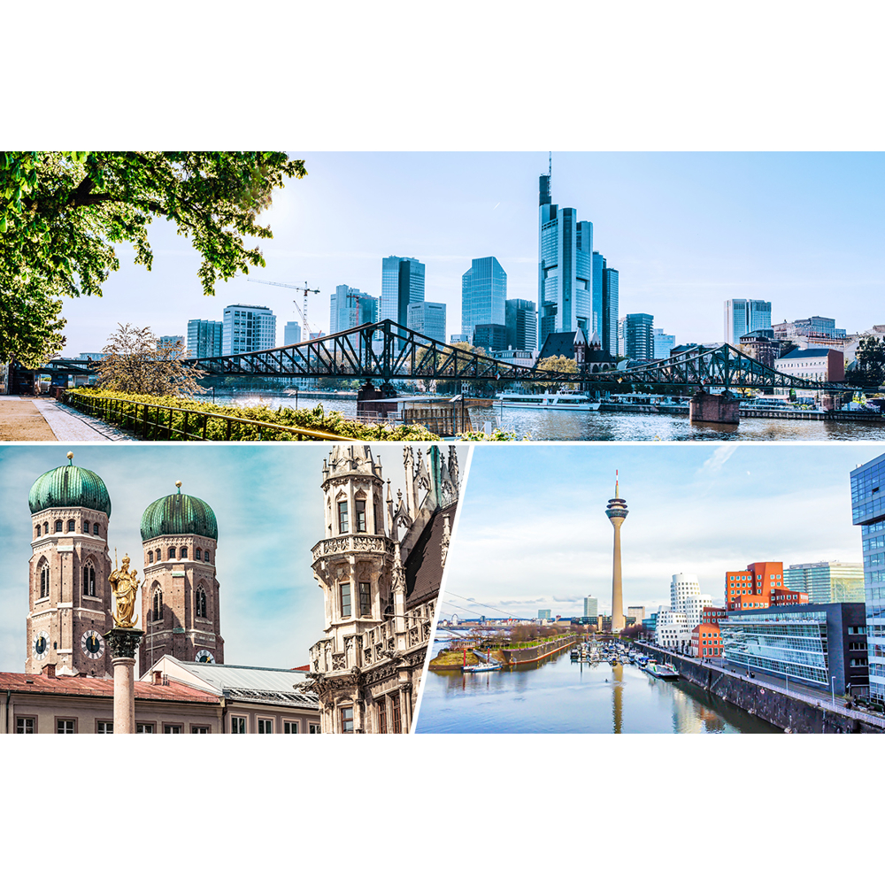 Eine Collage mit drei deutschen Stadtansichten: Frankfurt mit Brücke und Wolkenkratzern, München mit Dom und Düsseldorf mit Turm.