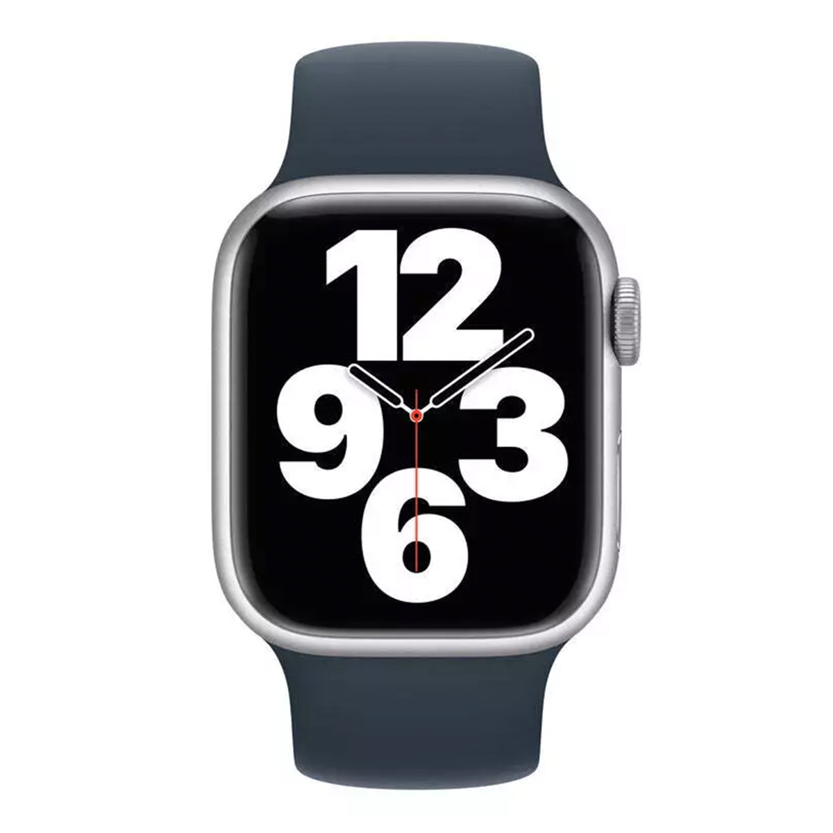 Zilveren Apple Watch met een zwart scherm waarop witte cijfers en wijzers staan, op een donkerblauwe band.