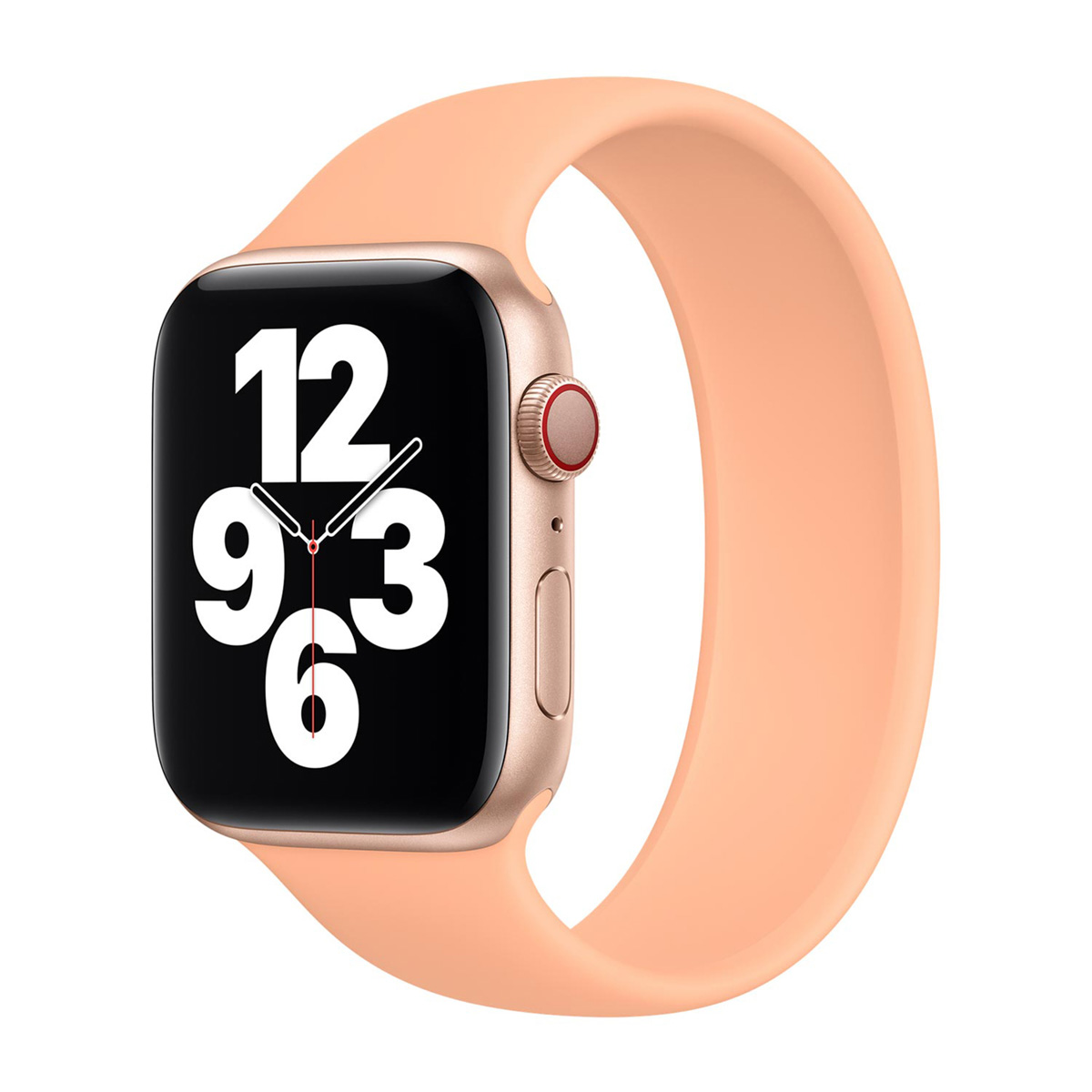 Een gouden Apple Watch met een perzik kleurige band. De wijzerplaat toont 12:00. De achtergrond is wit.
