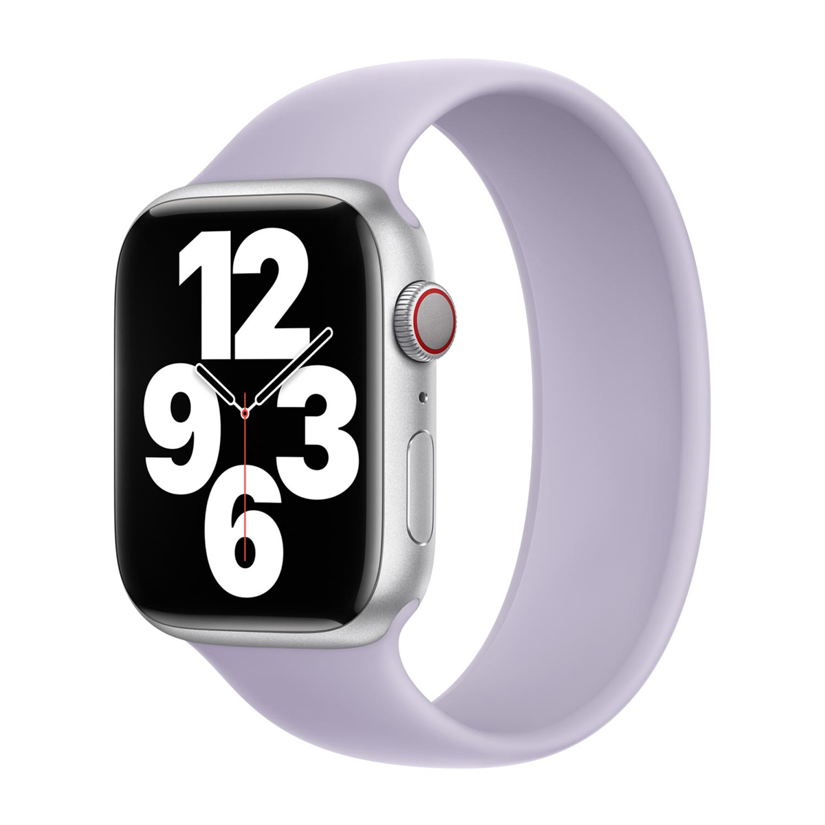 Een zilveren Apple Watch met een lichtpaarse band. De wijzerplaat toont de tijd, 12:09:03. De achtergrond is wit.