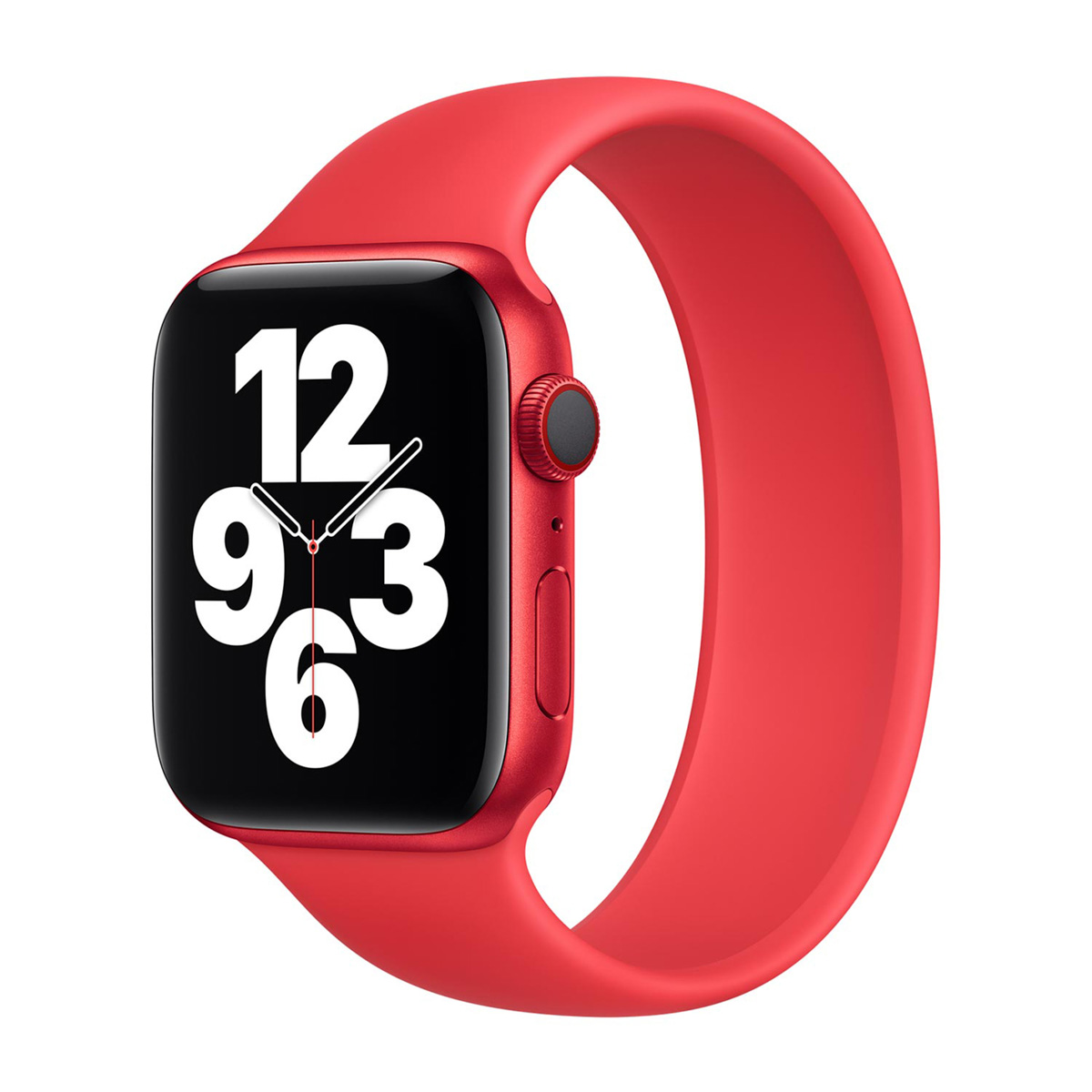 Een rode Apple Watch met bijpassende band. De wijzerplaat toont de tijd, 9:15. De achtergrond is wit.