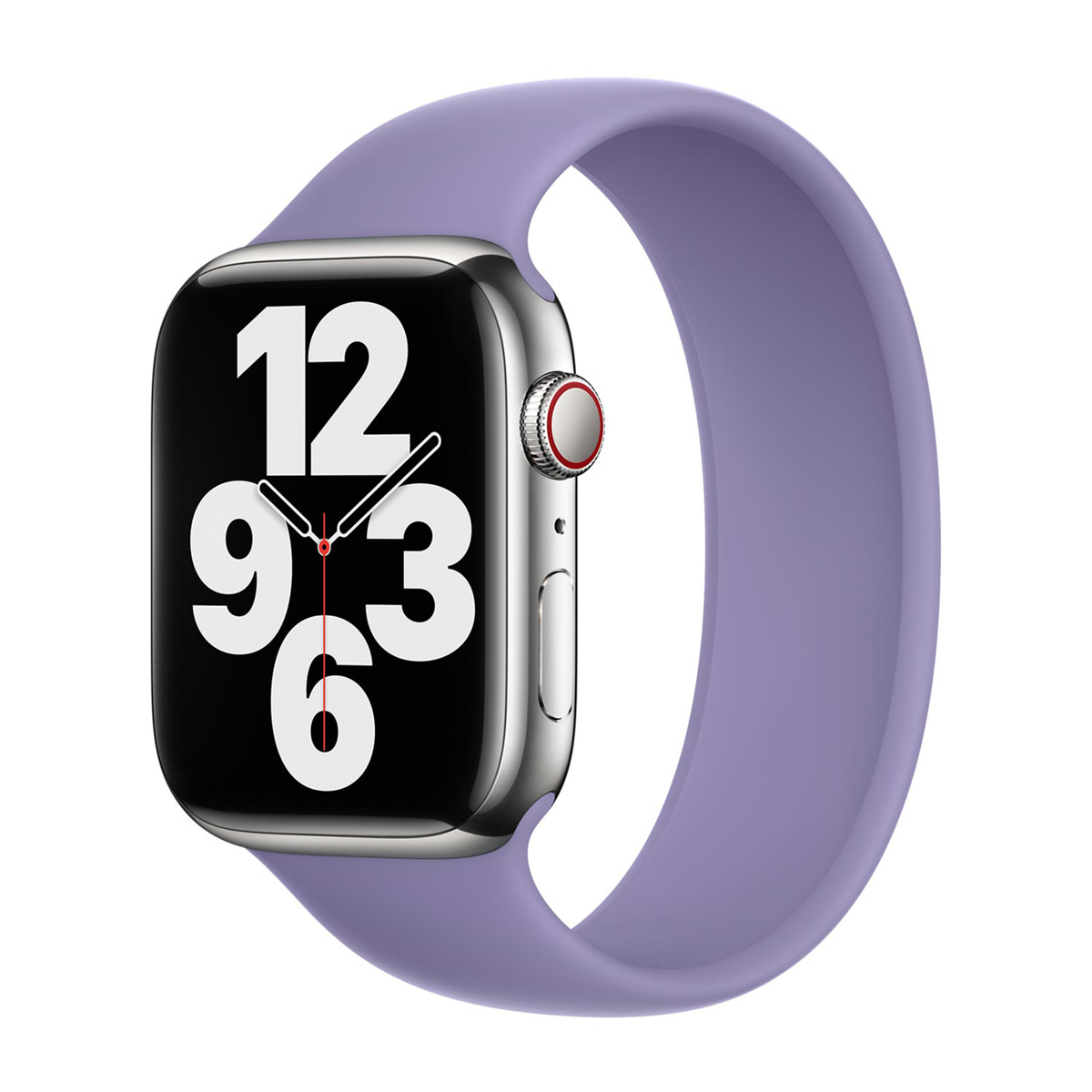 Zilveren Apple Watch met lavendelkleurige band. De wijzerplaat toont de tijd. De band is glad en wikkelt zich.