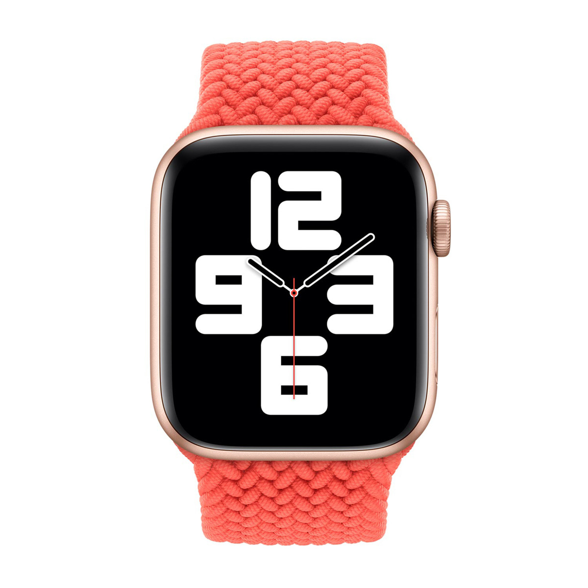 Apple Watch met een koraal gevlochten solo loop. De wijzerplaat toont een zwart scherm met witte cijfers.