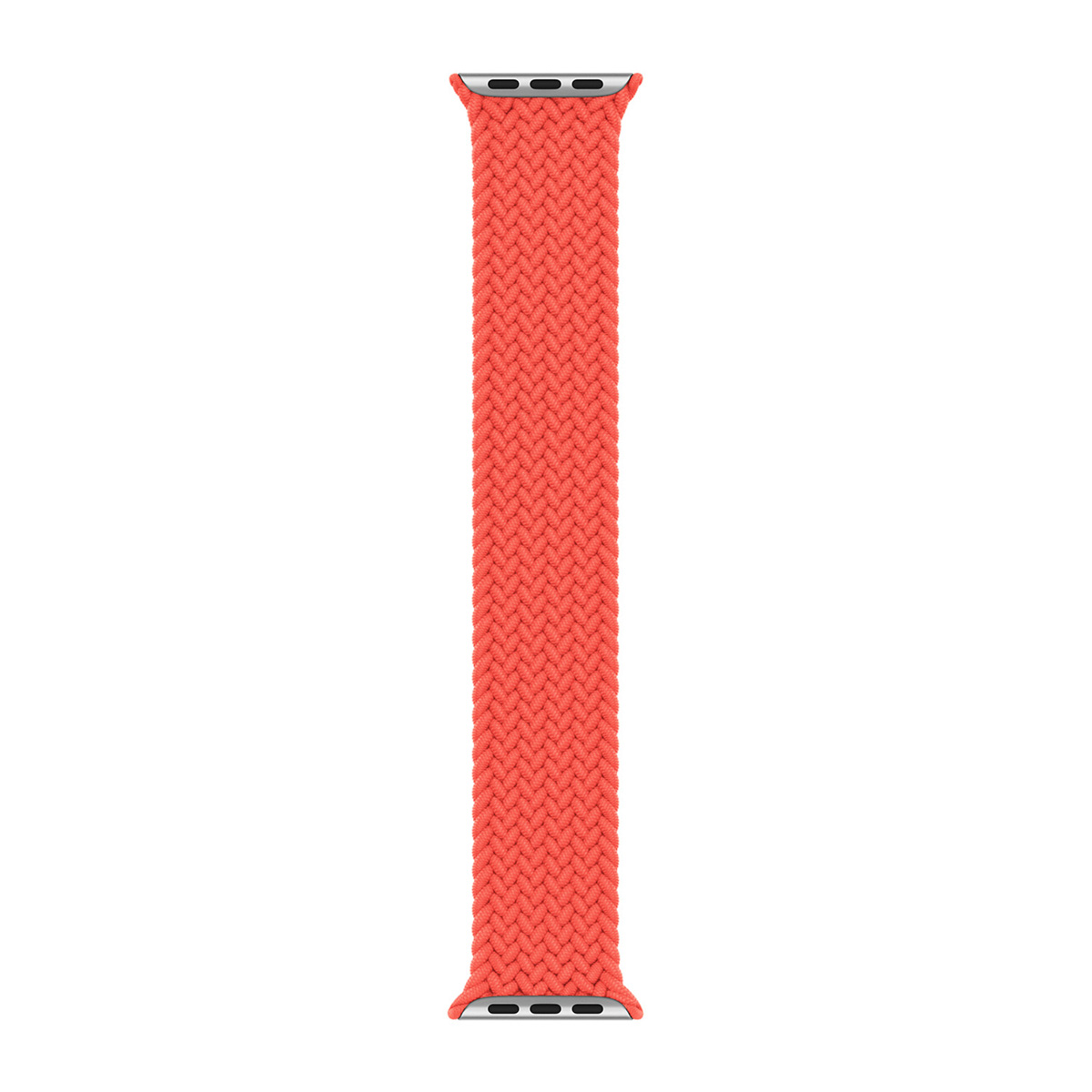 Een gevlochten solo loop Apple Watch band in koraal kleur. Het is een lange, smalle band met een geweven textuur en metalen connectoren.
