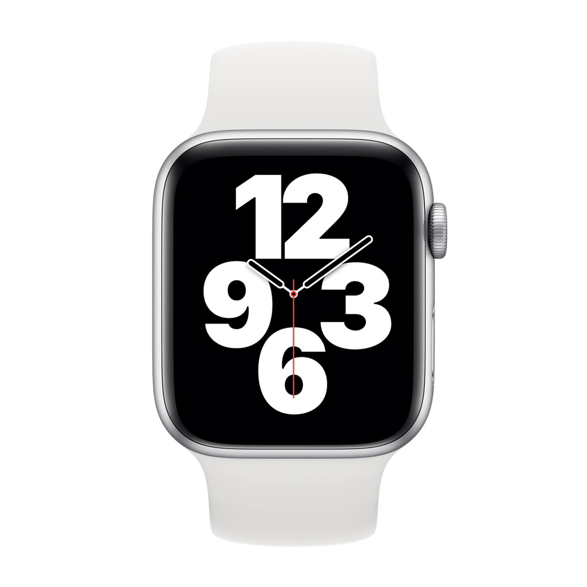 Een Apple Watch met een witte band, zilveren kast en een zwart scherm met de nummers 12, 9, 3 en 6 in het wit.
