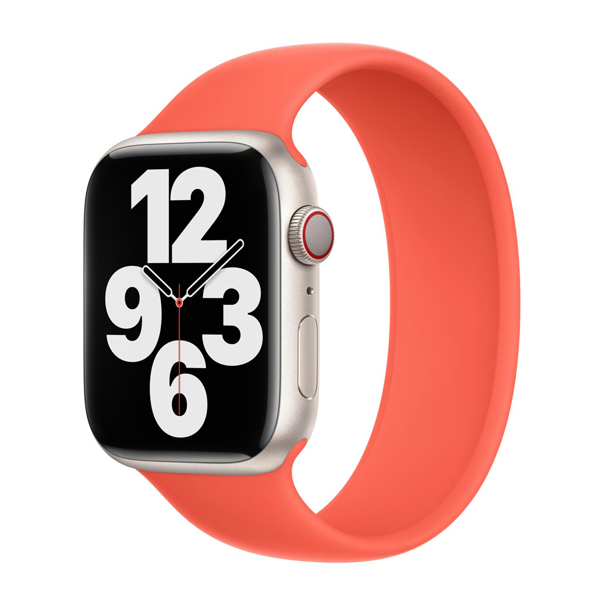 Een Apple Watch met een koraalkleurige band. De wijzerplaat toont de tijd, 12, 9, 3 en 6. De achtergrond is wit.