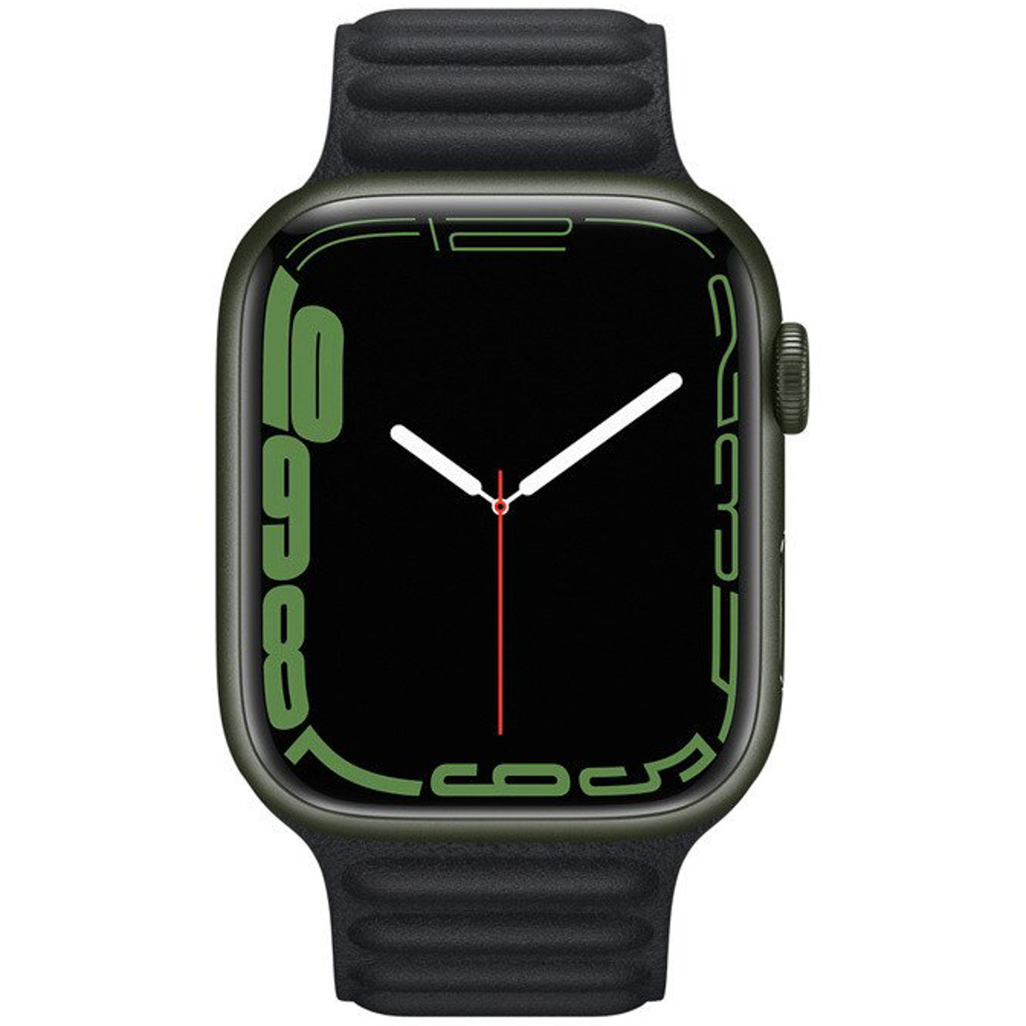 Een Apple Watch met zwart scherm en groen omrande nummers. Het horloge heeft een donkergroene kast en band. Wijzers wijzen naar 10:10.
