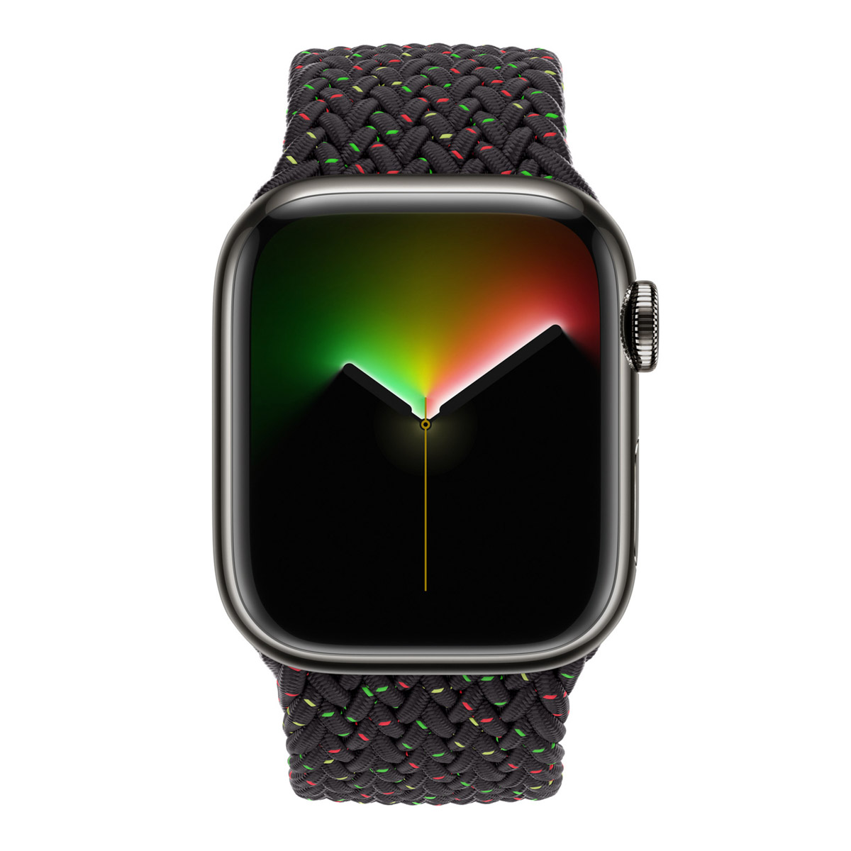 Apple Watch met een zwarte kast en een zwart, groen en rood gevlochten bandje. De wijzerplaat toont een verloop van groen naar rood.