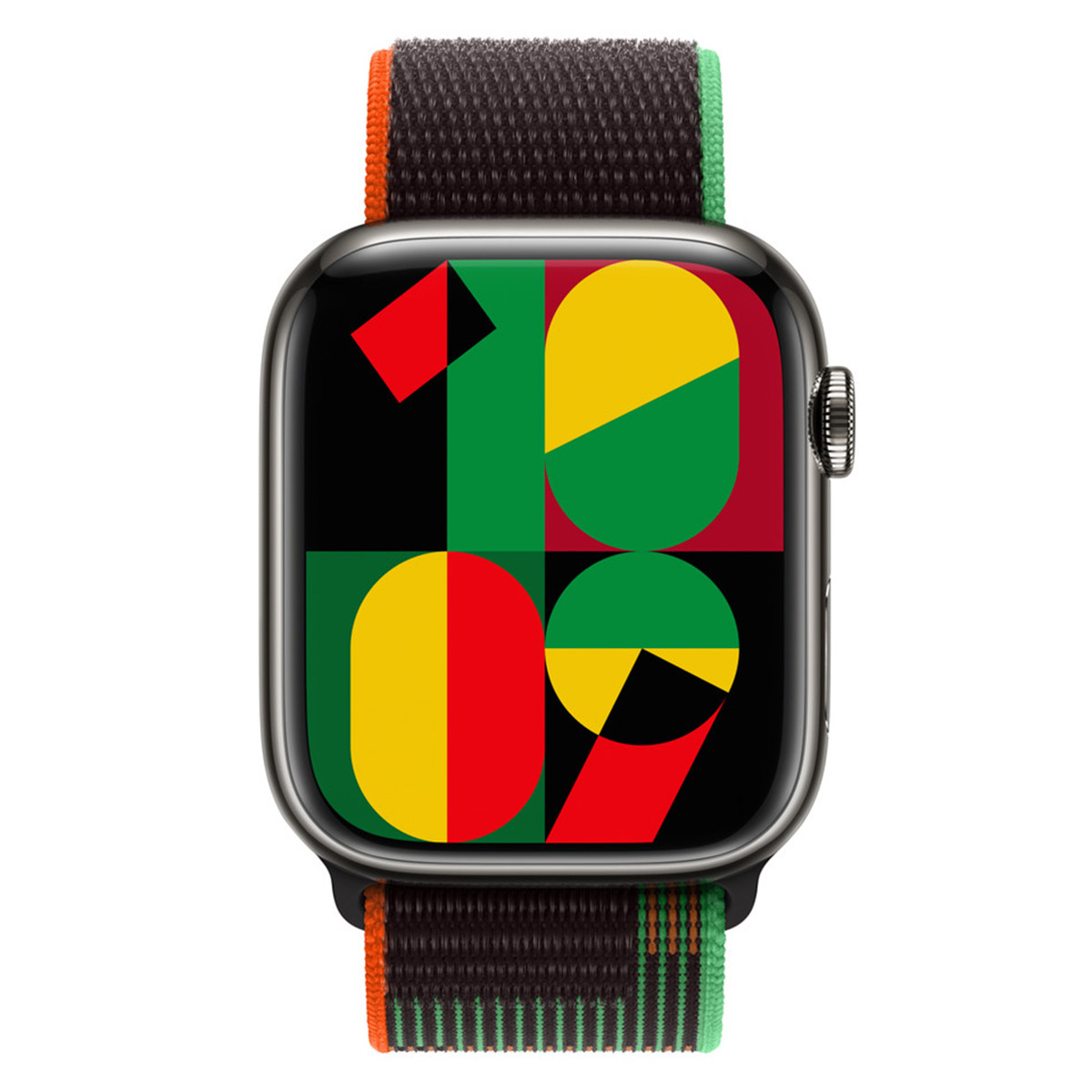 Een smartwatch toont '10 09' met rode, gele en groene geometrische vormen. Het horloge heeft een donkere band met oranje en groene accenten.