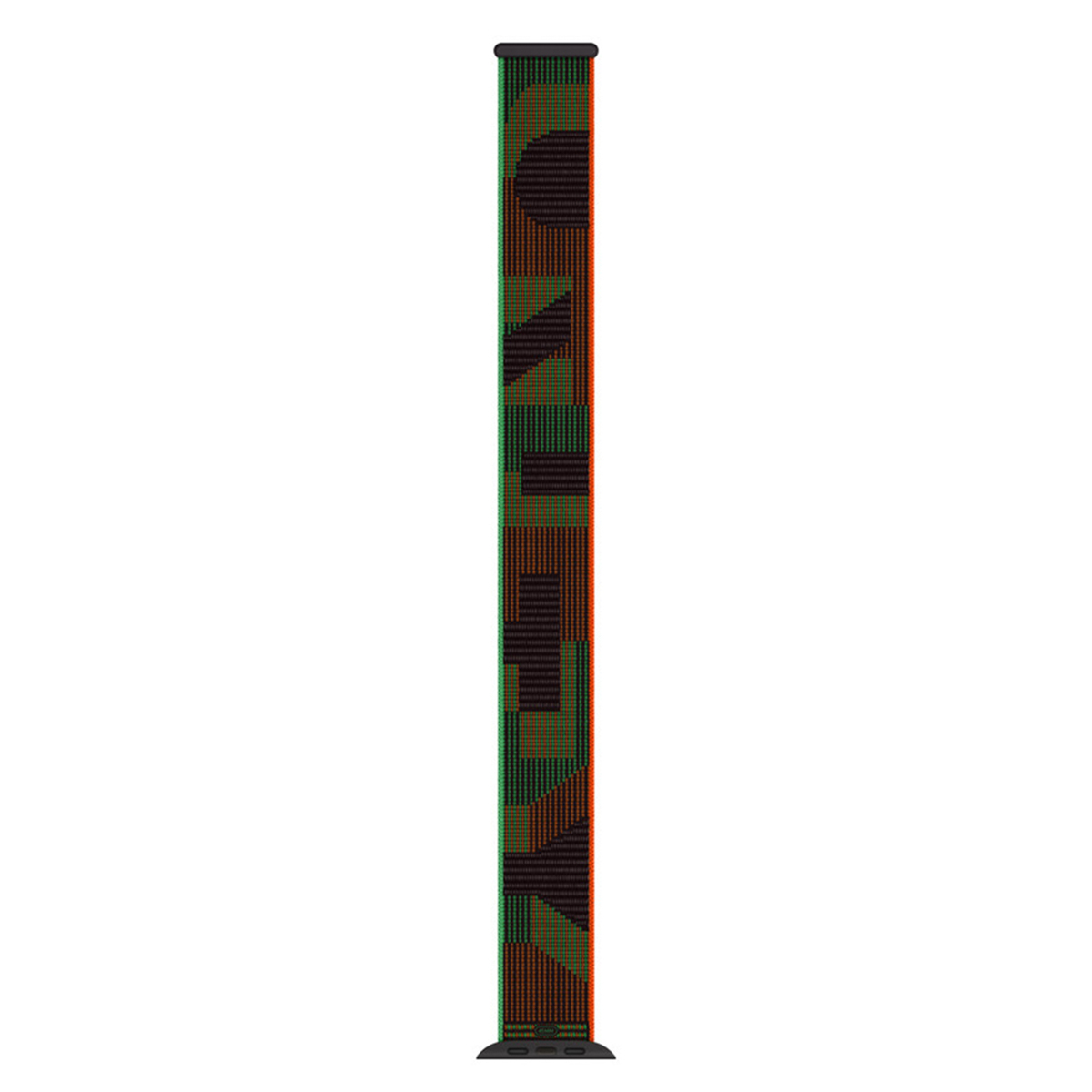 Een Apple Watch-band. Het heeft een camouflagepatroon met groene, bruine en oranje kleuren. De uiteinden zijn zwart.