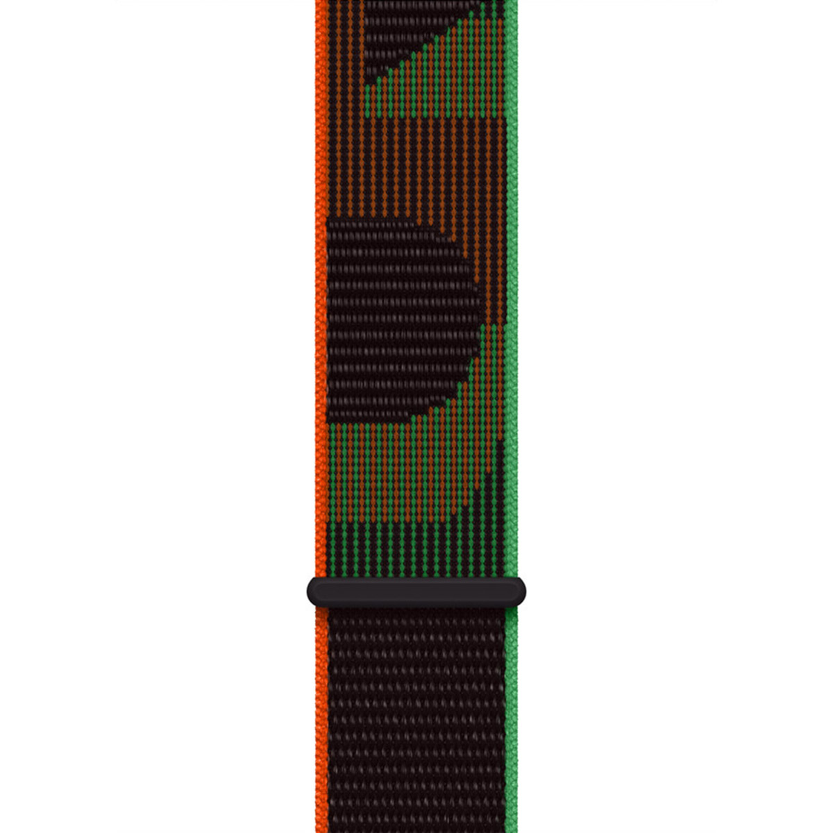 Een horlogebandje met patroon met een zwarte basis, oranje, groene en zwarte geometrische ontwerpen en een zwarte connector.