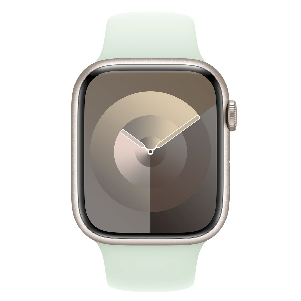 Een mintgroene Apple Watch. De wijzerplaat toont een klok. De band is ook mintgroen.