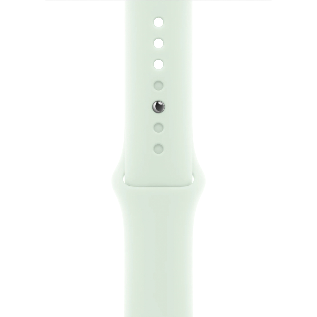 Een lichtgroene Apple Watch-band. Het heeft meerdere gaten en een zilveren sluiting. De achtergrond is wit.
