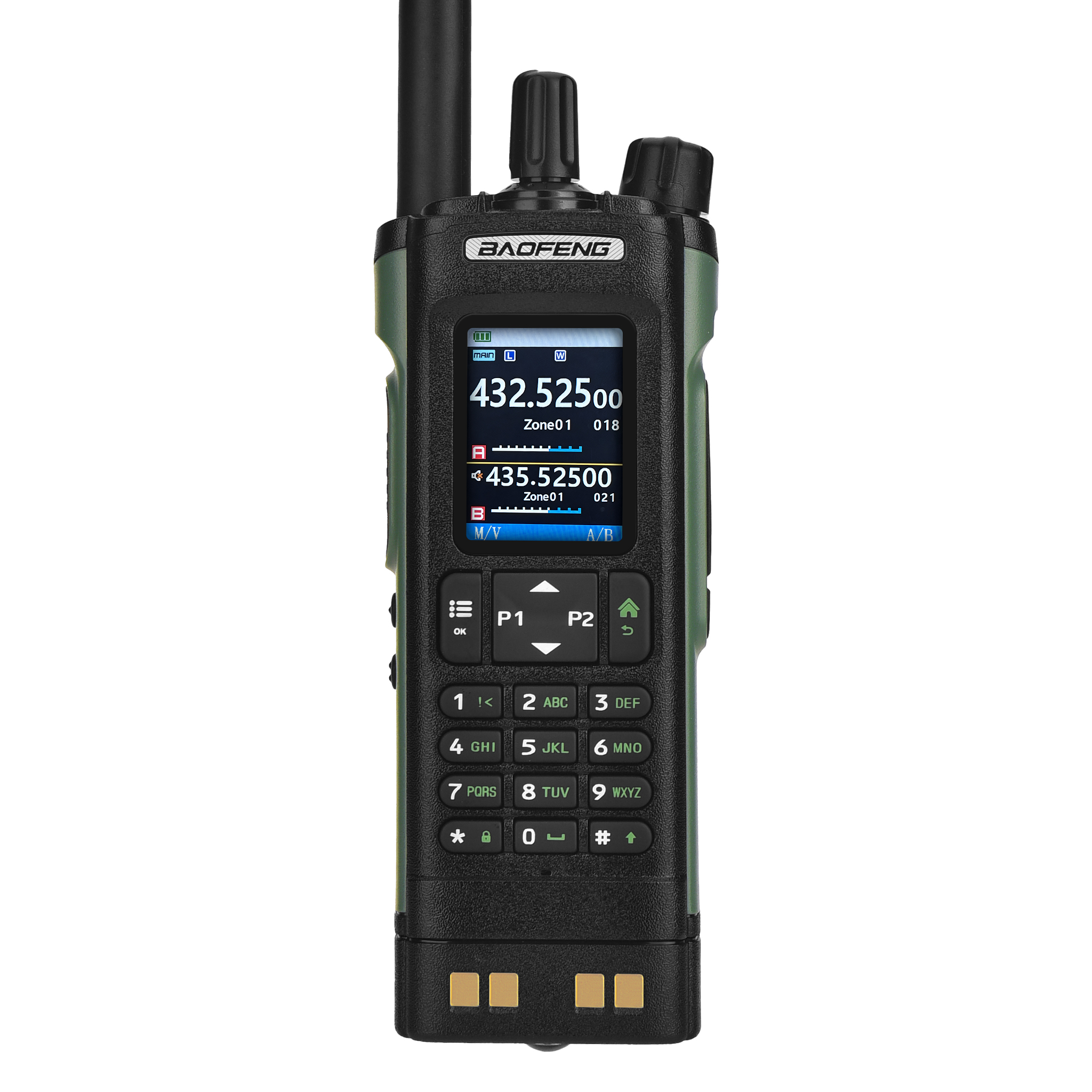 Una radio Baofeng portátil. Tiene una pantalla que muestra frecuencias y un teclado para la operación.