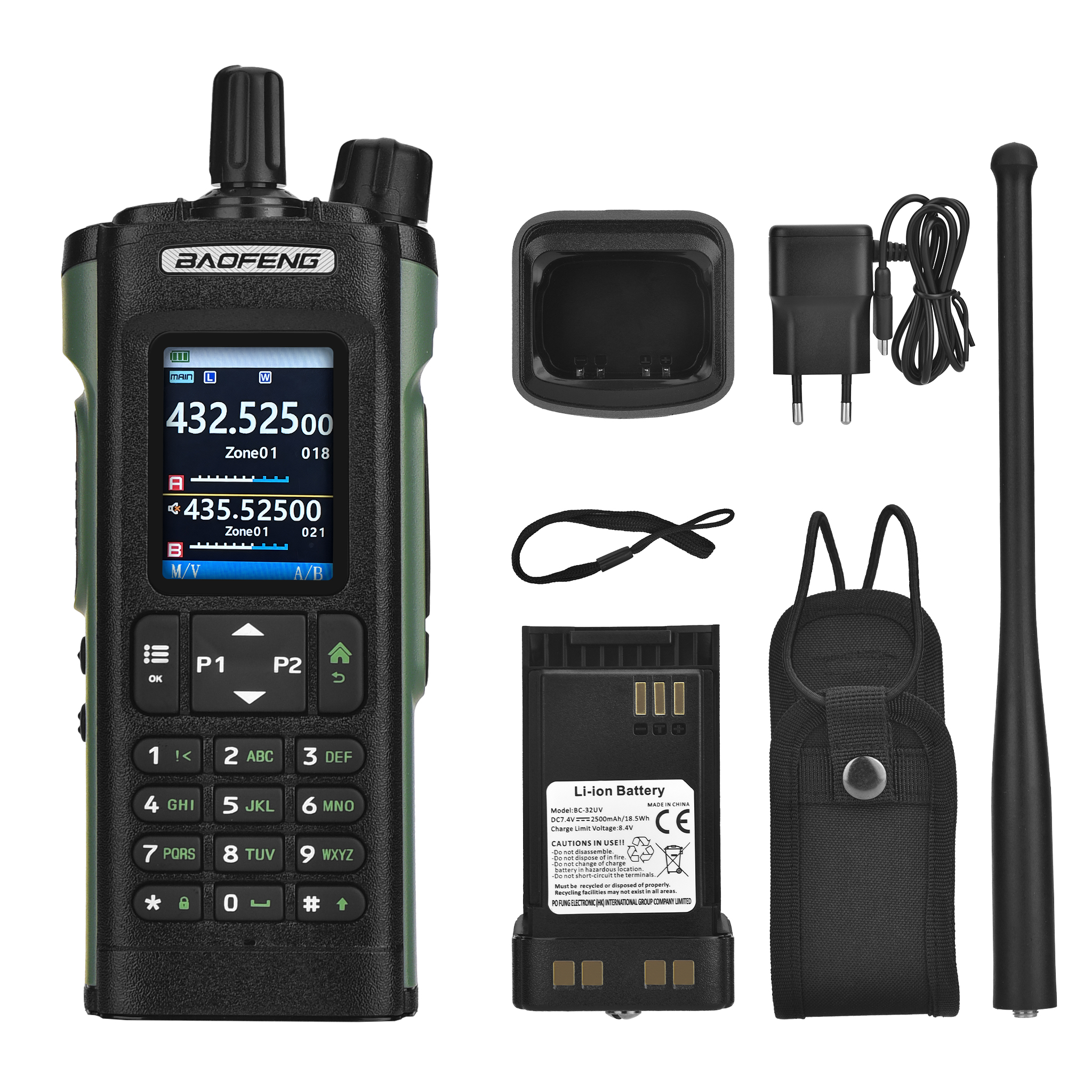 Una radio Baofeng con accesorios: cargador, batería, antena, funda y correa de muñeca. Combinación de colores negro y verde.