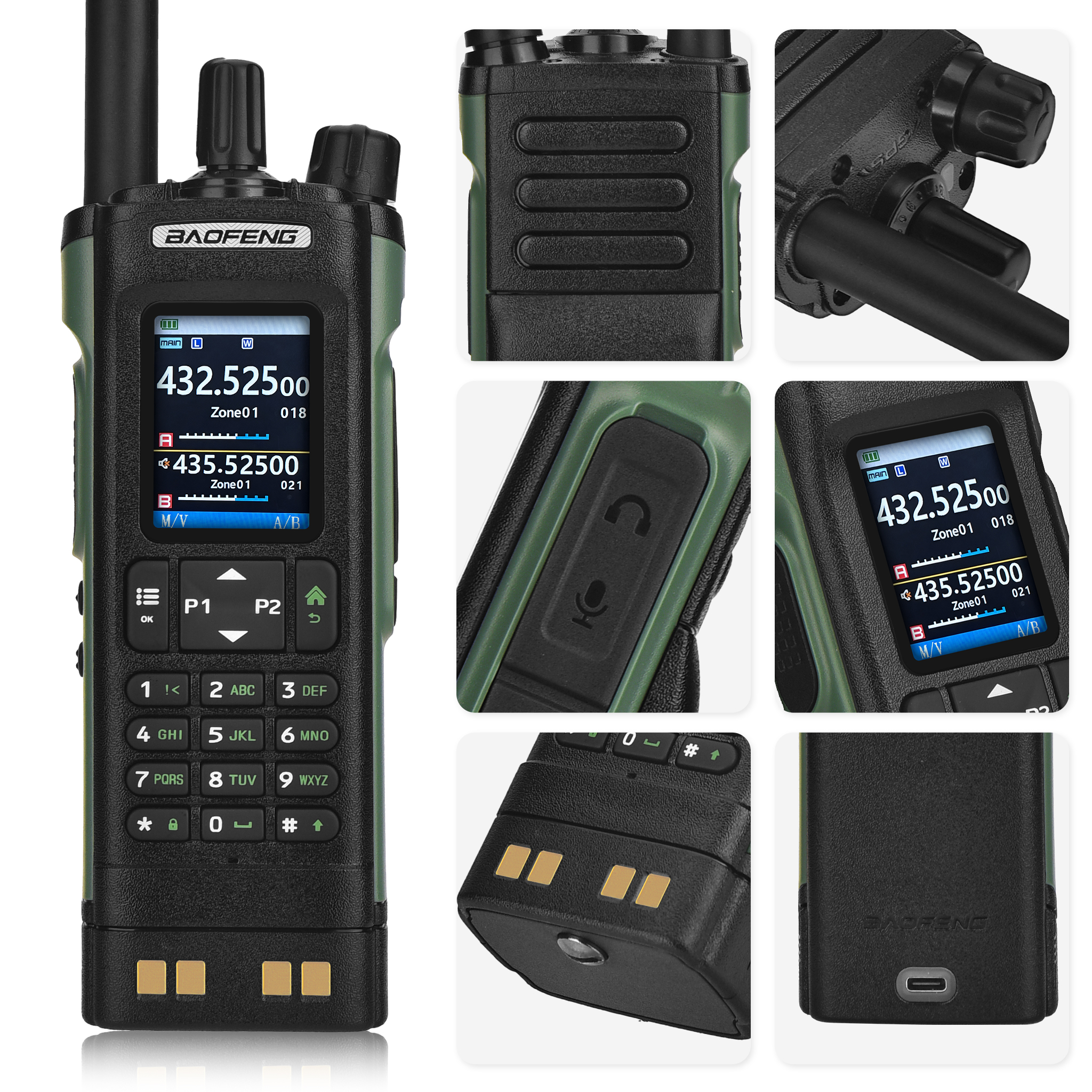 Un walkie-talkie Baofeng verde y negro con una pantalla que muestra frecuencias de radio y un teclado.