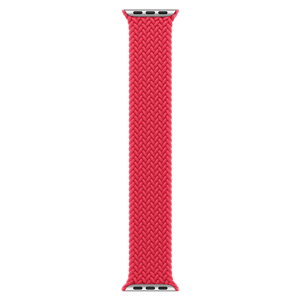 Een gevlochten Solo Loop Apple Watch-band. Het is een levendige rode kleur. De connectoren zijn zilver. De band is gecentreerd op een witte achtergrond.