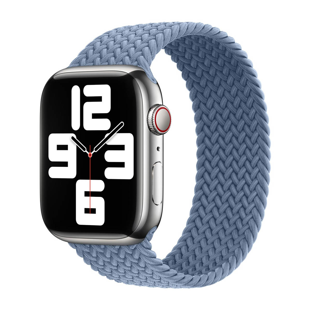 Zilveren Apple Watch met een blauwe gevlochten band. De wijzerplaat toont de tijd, 9:23. De achtergrond is wit.