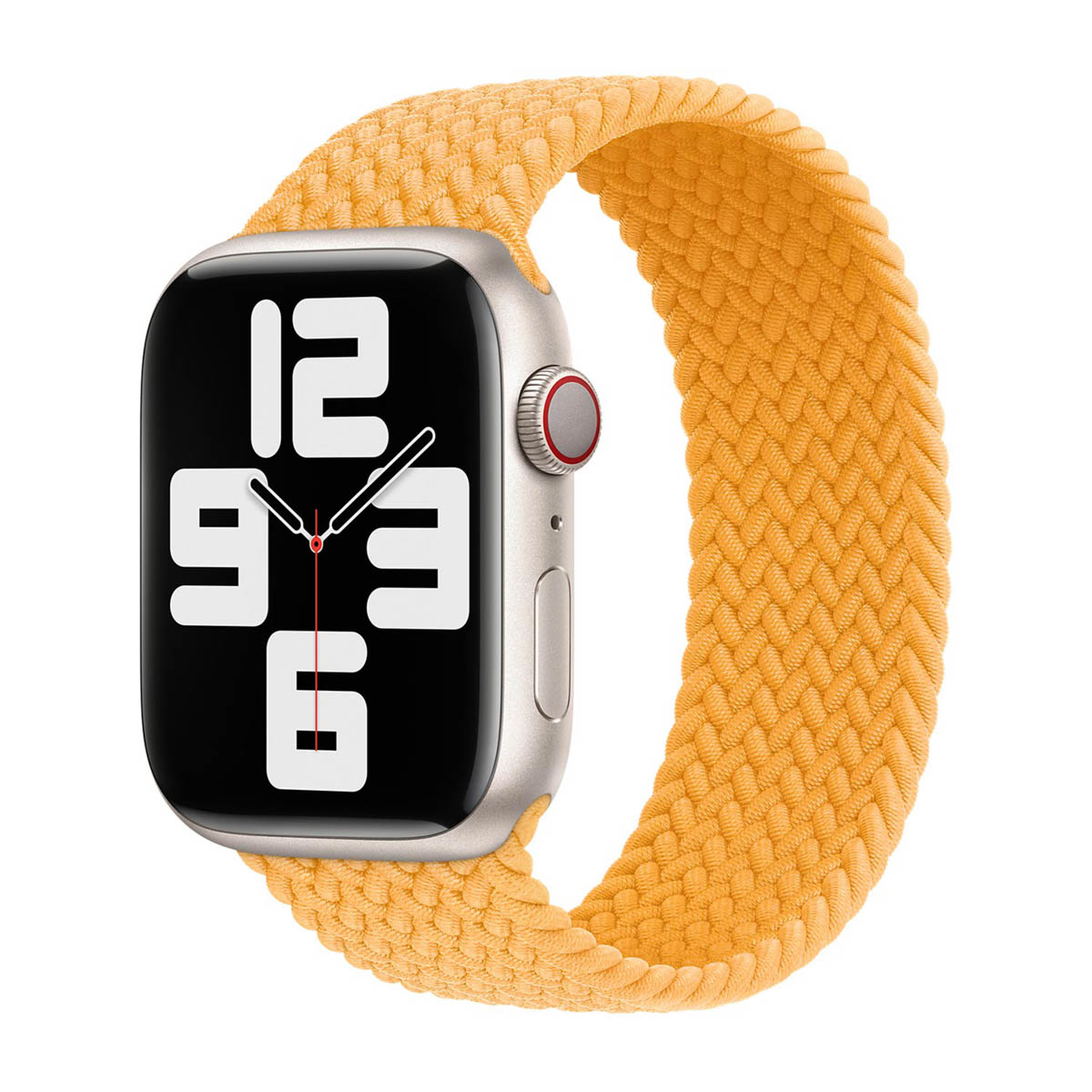 Apple Watch met een gele gevlochten solo loop. De wijzerplaat toont de tijd. De achtergrond is wit.