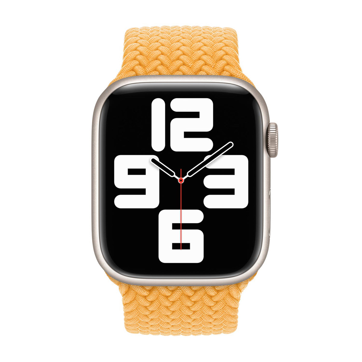 Apple Watch met gele band geeft de tijd weer. De wijzerplaat is zwart met witte cijfers 12, 3, 6 en 9.