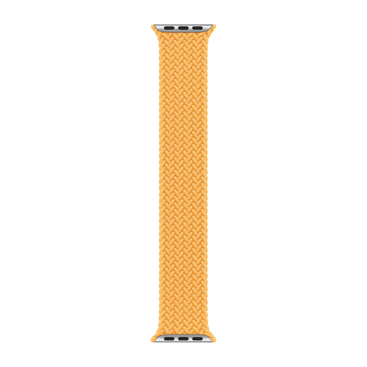 Een oranje gevlochten Apple Watch-band ligt verticaal. De uiteinden hebben zilveren connectoren met drie kleine gaten.